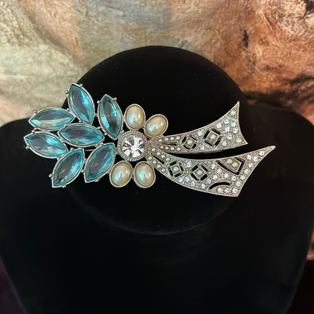Large Floral Bouquet Brooch Aquamarine Faux Pearls Clear Rhinestones Sil…